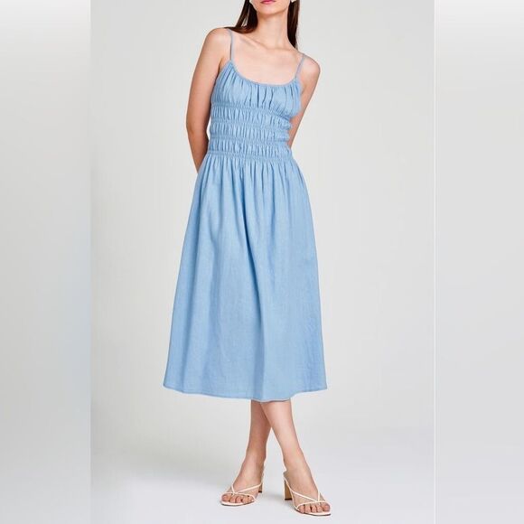 WAYF Dresses & Skirts - Wayf NWT Dusty Blue spaghetti straps Midi Dress with Smocked Pleats L